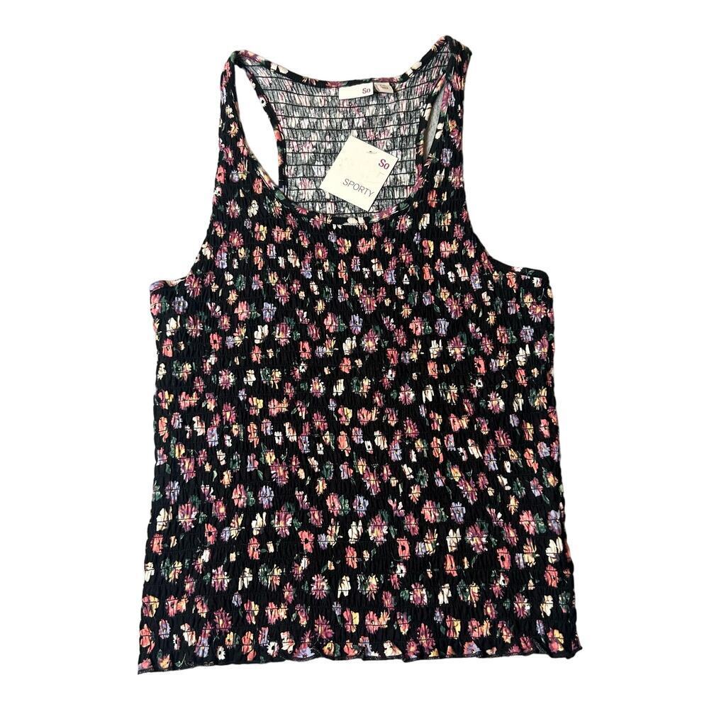 Kohl's SO Top Womens Juniors XXL Black Floral Smocked Tank Top NEW